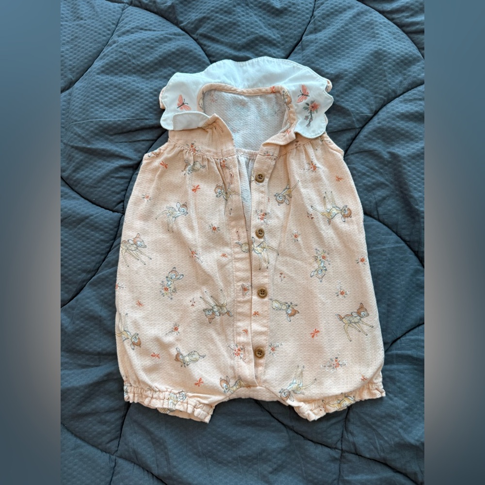 Adorable Peach salmon embroidered BAMBI Baby Romper SIZE 6-9 months 74 cm -